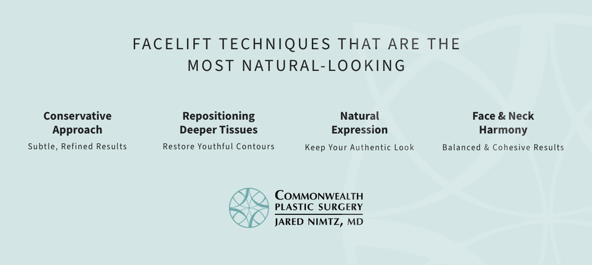 Infographic by Commonwealth Plastic Surgery of facelift techniques that are the most natural looking. This includes conservative approach, repositioning deeper tissues, natural expression, and face and neck harmony.